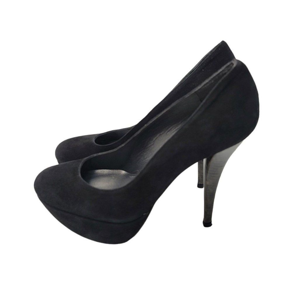 Stuart Weitzman Black Suede Heels Size 8 Designer Pumps Platform Wood Grain